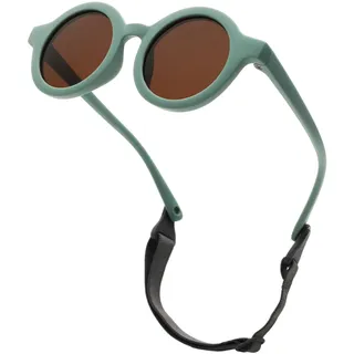 LOJUDI Baby Sonnenbrille 0-24 Monate, Polarisierte mit Riemen Verstellbar Weicher Silikonrahmen Rund Kinder UV400 Schutz Sonnenbrille Baby für 0-2 Jahre - Grün Rahmen - Baby