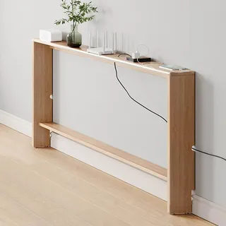 Schmaler Sofatisch, Konsolentisch für Hinter Der Couch, Ablageregal Aus Massivholz für Die Sofarückseite, 2-stufiger Akzenttisch für Eingangsbereich, Flur, Wohnzimmer(Naturholzfarbe - 100x10x69cm)