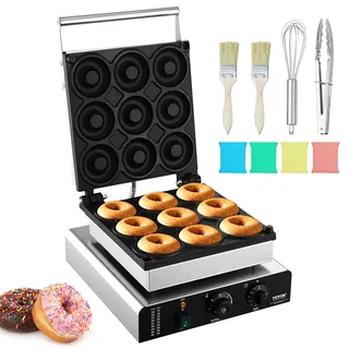 Vevor Elektrischer Donutmaker, 2 kW Kommerzielle Donutmaschine mit Antihaftbeschichtung, 9 Löcher, Doppelseitige Heizwaffelmaschine für 9 Donuts, 50–300 °C, für Restaurants und den Heimgebrauch