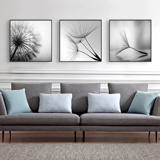 FSLEOVN 3er Set Design Premium Poster Pusteblume Schwarz Weiß Leinwand Modern Löwenzahn Blume Bilder Wohnzimmer Deko Poster Kein Rahmen Wandbild (Schwarz Weiß,60x60cm)