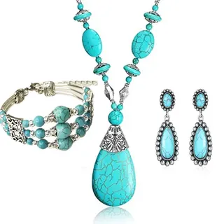 Tesselite Herbst und Winter Pullover Kette Retro Wassertropfen türkis Halskette Ohrringe Armband Schmuck Bohème Stil Damen Schmuck Set Alltagskleidung
