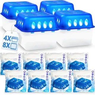 Stimo 4x Luftentfeuchter Box mit 8 Nachfüllpacks Raumentfeuchter Feuchtigkeits-Stopper mit Granulat - Beutel (4x Box + 8x Nachfüllpack 400g)
