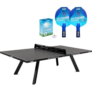 Gewo Tischtennisplatte Outdoor AWR Master – Made in Germany – 10mm Melamin wetterfest Grau inkl. 2 Outdoor Schläger & 6 Bälle – Ganzjahres Tischtennistisch