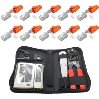 ARLI RJ45 Netzwerk Werkzeug Set 10 x Netzwerkstecker Netzwerk Stecker RJ 45 Modular Zugentlastung Einführhilfe 8 polig Verlegekabel Cat7 Cat6a Crimpzange Abisolierer LSA Anlegewerkzeug Netzwerktester