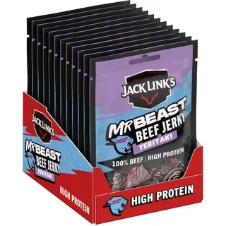 Jack Links Beef Jerky Teriyaki – 12er Pack (12 x 25g) – Trockenfleisch Eiweiß Snacks - High Protein Snack für Gym, Fitness, Outdoor - American Food für Menschen - Dörrfleisch Chips aus Rind Fleisch