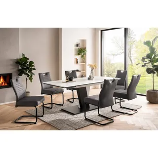 OTTO home Essgruppe OTTO HOME "Altona", Esstisch ausziehbar plus 6 Stühle, TOPSELLER", weiß, anthrazit, anthrazit, schwarz, Microfaser, Synchron-Auszug, Sitzmöbel-Sets, Essgruppe, Säulentisch 140-180x90 cm, Stuhl mit Federkorb, 140 kg belastbar