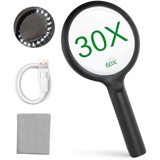 Lupe mit Licht - Leselupe mit Licht für Senioren Groß 3 Lichtmodi USB Wiederaufladbar Beleuchtete Lupe mit 20 LEDs Leichtgewicht Vergrößerungsglas mit Brillenputztuch HandLupe für Sehschwäche(Schwarz)