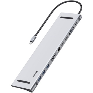 Baseus 11-in-1(2024 Version) Docking Station USB C 3 Monitore Mit 2 x 4K HDMI, 1 VGA, 3 x USB 3.0, SD/TF-Kartenleser, 1Gbps Ethernet, 3.5 mm Audio, USB C Hub für MacBook Pro/Air, für Windows PC