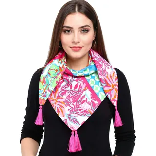 ZWILLINGSHERZ Hawaii Blume Vierecks-Tuch mit Blumen und Ornamenten Mode-Tuch 3016Q-2907-90 Pink/Blau/Bunt - One-Size