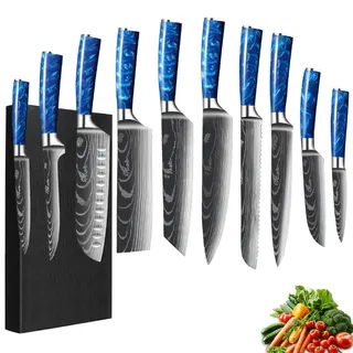 FIVE COWS Messerblock Set, mit 10-teilige, Harzgriff, Kitchen knife Set mit Kochemesser, Brotmesser, Santokumesser, Schälmesser, Damast-Muster, Profi Kochmesser Set Geschenkbox (Blau)
