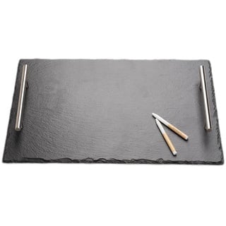 WLWNWFT Schieferplatte mit Griffen, Schieferplatte Servierplatte 38x25 cm mit Kreidestift, Servierplatte Schwarz Schiefer Käseplatte