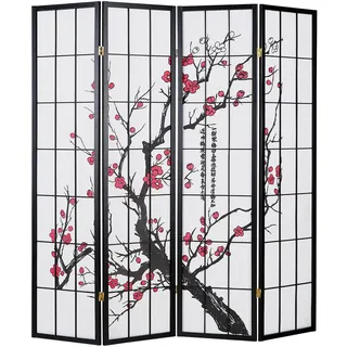 Homestyle4u Paravent Schwarz Reispapier Weiß, Kirschblüten Motiv Sichtschutz