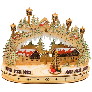 Dekohelden24 LED Holz Schwibbogen, Lichterbogen, Schwippbogen, Leuchterbogen, Fenster Schwibbogen mit bewegtem Tannenbaum 45 x 12 x 35 cm