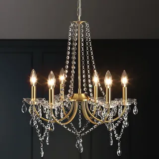 Gold Kristall Kronleuchter Modern, 6 Flammig Vintage Kristall Lampe Deckenleuchte Kronleuchter Wohnzimmer Hängeleuchte E14, Goldene Hängelampe Metall Pendelleuchte für Schlafzimmer Küche Esszimmer