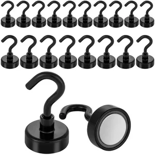 POPPSTAR 20 Stück Magnethaken schwarz klein (Haftkraft 12 kg, Länge 4cm, Durchmesser 2 cm) Neodym Mini Magnet-Haken