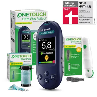 OneTouch Ultra Plus Reflect Start-Set, Blutzuckermessgerät für Diabetes, inkl. 1 Blutzucker-Messgerät (mmol/L), 40 Teststreifen, 1 Stechhilfe, 40 Lanzetten, 1 Etui, 2 Batterien