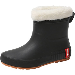 UnoSheng Spinning Schuhe Damen Regenstiefel mit mittlerem Fass für Studenten, warm, wasserdicht, rutschfest, Plus Samt-Wasserschuhe, Gummischuhe Damen Schuhe Weite K (Black, 39) - 39 EU