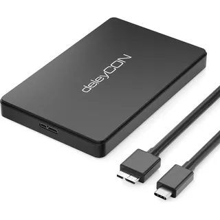 deleyCON Festplattengehäuse USB C (5Gbps USB 3.1) für 2,5“ Zoll SATA 3 SSD / HDD / 7 mm Bis 9,5 mm SATA III Festplatten Gehäuse UASP [Schwarz]