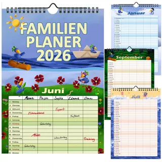 Familienplaner 2026 mit 5 Spalten Familienkalender A4 Terminplaner Cartoon Wandkalender mit Platz für Notizen