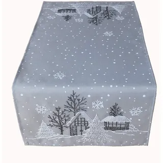 Raebel OHG Tischläufer Stickerei Winterdorf Tanne Weihnachten weiß Deko Weihnachtstischdecke (hellgrau-weiß, 40 x 140 cm)