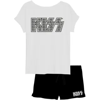 KISS Frauen Pyjama Schlafanzug Set Kurz Oberteil mit Hose Schwarz/Weiß Gr. XL - XL