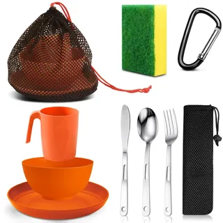 Scout Camping Mess-Kit für 1 Person, Pfadfinder-Geschirr-Set, Pfadfinder-Geschirr-Set mit Netztasche, wiederverwendbar, leicht, Essutensilien, Kunststoff, BPA-frei, Camping-Besteck-Set für Reisen