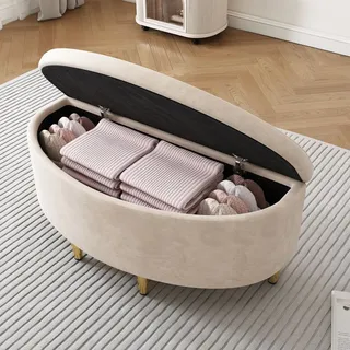 Flieks Sitztruhe Sitzbank Polsterbank mit Stauraum, Sitzhocker Betthocker mit Metallbeinen, Aufbewahrungsbox Fußhocker, 90x40x42cm, Beige - Beige