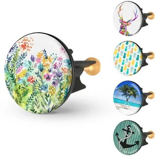 arteneur Waschbeckenstöpsel 40mm mit Motiv Bunte Blumen | Excenterstopfen mit Edelstahl-Kopf, extra schwere Messingschraube für stabilen Halt, höhenverstellbar 65-85 mm, rostfrei
