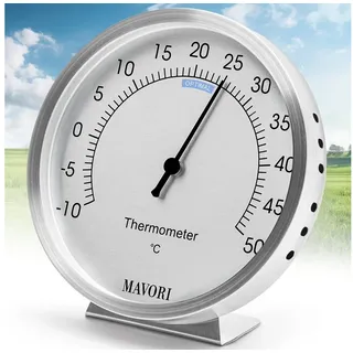 MAVORI MAVORI® Raumthermometer innen analog aus Edelstahl - elegantes & präzises Zimmerthermometer zum genauen Messen der Raumtemperatur - umweltfreundlicher batteriefreier Betrieb - Ø 9,5 cm