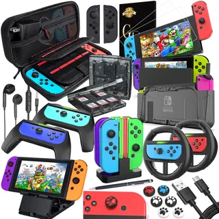 Deruitu Zubehör Set Kompatibel mit Nintendo Switch (18 in 1) - Switch Accessories Bundle mit Tasche, Schutzfolie, Schutzhülle, Ständer, Joycon Griff und Lenkrad,etc Zubehör