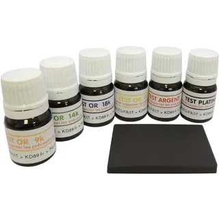 -Set mit 6 Flaschen Tester für Gold, zum Einsatz bereit, für 9, 14, 18 und 24 Karat + Tester für Silber + Tester für Platin + natürlicher Prüfstein, 50 x 40 mm + inklusive Anleitung (eventuell nicht in deutscher Sprache)
