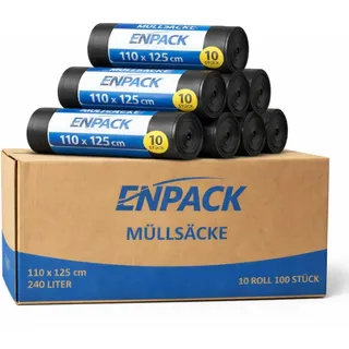 Enpack Müllsäcke 240L extra stark 100 Stück - Müllbeutel in schwarz - Abfallsack für Tonne 110x125cm - Schwerlast Müllsäcke XXL - Abfallsäcke für Garten und Hausmüll - Plastikbeutel für Mülltonne