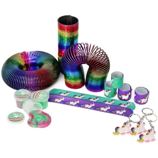 com-four® 15-teiliges Mitgebsel Set mit Einhorn Motiven für Kindergeburtstage bestehend aus Schnapparmband, Schlüsselanhänger, Schleim und Regenbogen-Spirale (015 teilig)