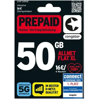 congstar Prepaid ALLNET XL – 50 GB im D-Netz mit 5G (25 Mbit/s), 16 € Startguthaben, Telefon & SMS Flat in alle dt. Netze, EU-Roaming inkl., jedes Jahr 1 GB mtl. mehr, ohne Vertrag.