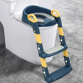 Kinder Toilettensitz mit Treppe abnehmbares PU-Kissen, höhenverstellbar 2–7 Jahre, klappbarer WC Sitz mit Leiter, rutschfest & sicher für V/U/O Toiletten (Blau)