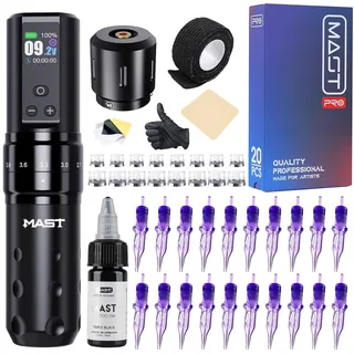 Mast Fold2 Pro Tattoo Maschine Set Kabelloses Tätowiermaschine mit Rotations,7 Hublängen, 2000mAh-Akku und Profi Tattoo Nadeln