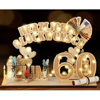 Giftota Original 60. Geburtstag Geldgeschenke Holz mit LED Lichterkette, Geschenke zum 60 Geburtstag Mann Frau, 60er Geburtstagsgeschenk