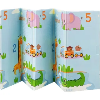 Juskys Kinder Spielmatte Stella 180x200 cm Tiere - XXL Matte für Babys - faltbar soft - Boden - Krabbelmatte Blau