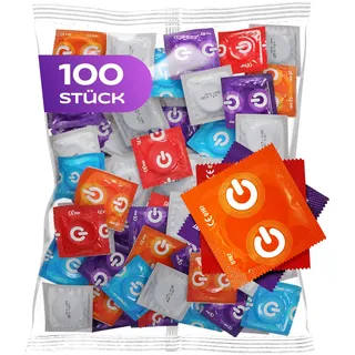ON) Kondome Mix | Premium 7 verschiedene Sorten & Größen mit 54 mm Breite | 20x extra dünn, natur & genoppt | 10x extra stark, mit Erdbeer, Banane, Schoko Duft | 100 Stück Packung
