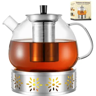 HEMOLY 1500ML Teekanne mit Siebeinsatz, Teekanne mit Stövchen, Glasteekanne, Teekanne Glas, Teekanne Glas mit Siebeinsatz, Teekanne mit Sieb