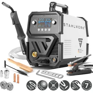 STAHLWERK Schweißgerät MIG/MAG 200 ST - Digital, Inverter mit 200 A, Schutzgas-, FLUX- & MMA/ARC-Schweißen, Spot-Funktion, synergischer Drahtvor...