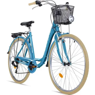 Bergsteiger Florenz 28 Zoll Damenfahrrad, ab 160 cm, Korb, Fahrrad-Licht, Shimano 7 Gang-Schaltung, Standlichtfunktion, Damen-Citybike, Damenrad im... - Blau