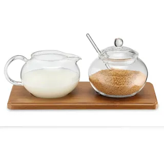 Weis Zucker-/Sahne-Set, Glas, mit Bambustablett,