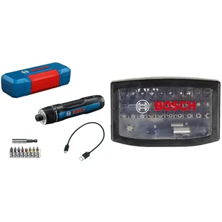 Bosch Professional Akkuschrauber Bosch GO 3 (inkl. Bit-Set, Bitaufnahme, USB-C-Kabel, Mini-Koffer) + 32tlg. Schrauberbit Set Extra Hart (Kreuzschlitz-, Pozidriv-, Hex-, T-, TH-, S-Bit, Zubehör)