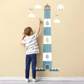 Klebekerlchen® | Personalisierte Messlatte als Wandtattoo fürs Kinderzimmer | Zum Messen der Körpergröße bis zu 160 cm | Inklusive individueller Personalisierung - Leuchtturm blau