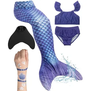 corimori Meerjungfrauenflosse für Mädchen, Kinder, Jugendliche Schwimmflosse mit Bikini und Tattoos Meerjungfrau "Kailani" (blau-schwarz),Körpergröße b...