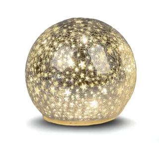 Formano LED Deko-Kugel 12 cm Sterne Silber Glaskugel Timer 6h / 18h beleuchtet - Batteriebetrieben - glänzende Crackle-Optik - Herbst Winter Weihnachtsdeko für Tisch Regal Fensterbank