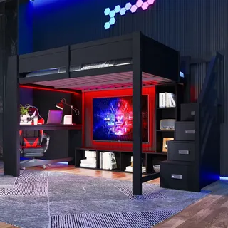 Merax Etagenbett Hochbett 140x200 cm, Stockbett mit Schreibtisch, LED-Beleuchtung, Stauraum, Treppe, Kinderbett, Jugendbett, Kinderzimmer, Schwarz - Schwarz