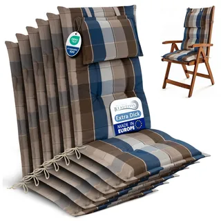 Beautissu 6er Set Gartenstuhlauflagen Hochlehner Auflagen 120x50 cm – 7cm Polster Sitzauflagen Gartenmöbel Made in EU – UV-Lichtecht Sitzpolster Gartenstuhl Braun Blau Kariert – HighLux HL