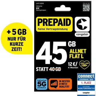 congstar Prepaid ALLNET L SIM-Karte ohne Vertrag I 45 GB Vielsurfer Prepaid-Paket in D-Netz-Qualität I 5G mit 25 Mbit/s + 12€ Startguthaben I Telefonie & SMS Flat in alle dt. Netze I EU-Roaming inkl.